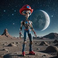 Photograph of a futuristic alien with a red hat and blue jeans standing on a moon base surrounded by glowing stars The image is based on the concept of hyperdetailed rendering with sharp focus and in focus lighting, as seen through the lens of Kodak UltraMax camera