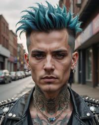 A cinematic image of a male punk artist with intricate details and a striking hairstyle, showcasing the work of the artist Iridescent Adroit