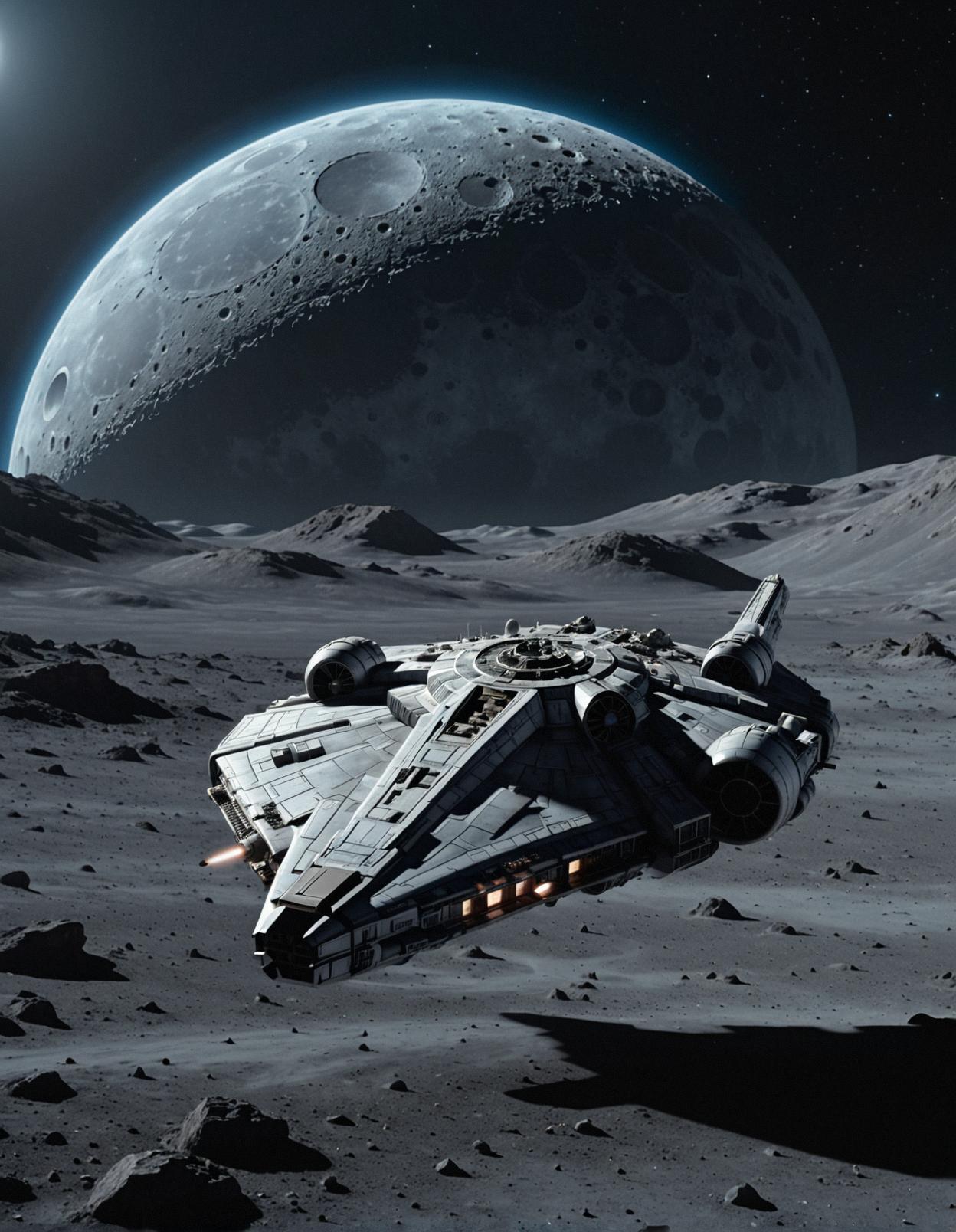 Cinematic still of a futuristic spaceship, the iconic Millennium Falcon with a glowing blue exterior and a white wingspan The scene takes place on the moon, against the backdrop of a lunar landscape
