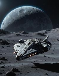 Cinematic still of a futuristic spaceship, the iconic Millennium Falcon with a glowing blue exterior and a white wingspan The scene takes place on the moon, against the backdrop of a lunar landscape