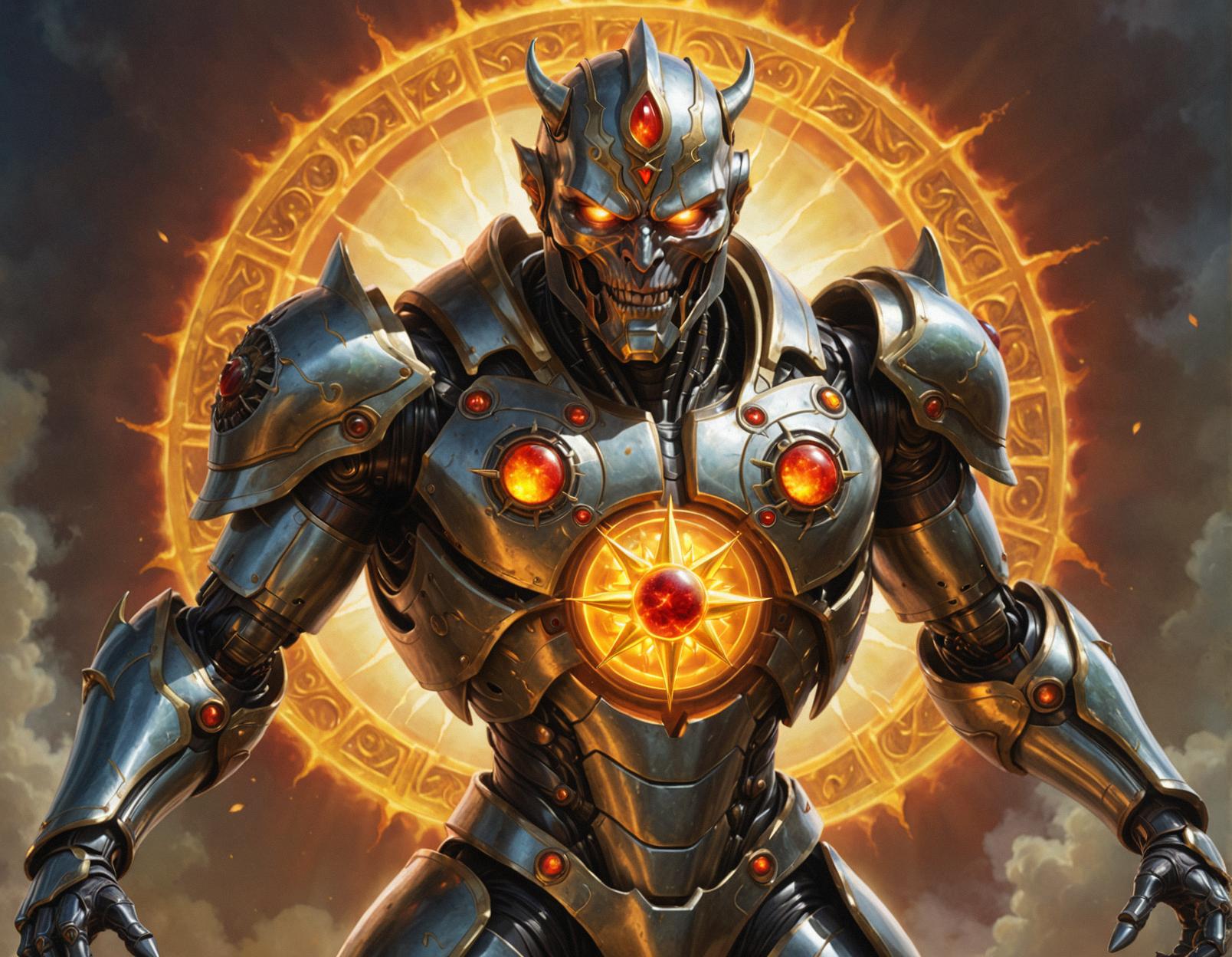Hyper detailed image of an evil android with a sun shining through its body, inspired by the work of Philippe Halsman and the concept art of Urza, Powerstone Prodigy