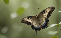 Photograph depicting a butterfly s wings as it flutters through the air, with a focus on its intricate details and a subtle touch of color