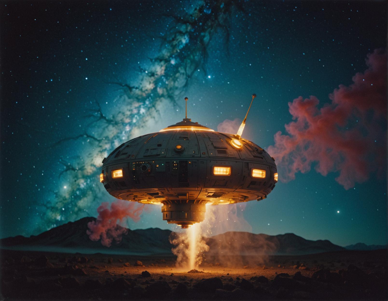A photo of a robotic galaxy with vapor, inspired by Star Trek and rembrandt lighting, captured in long exposure style on Kodak Portra film