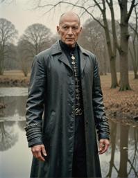 Photograph of an elegant male Borg wearing a swing coat with water details and bald head, in focus, against natural lighting, with HDR effect