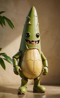 A bamboo shoots, an anthropomorphic image of a character from the popular game Overwatch, with soft and squishy features and a jelly like texture, captured in side light against an art by Joseph Beuys style background