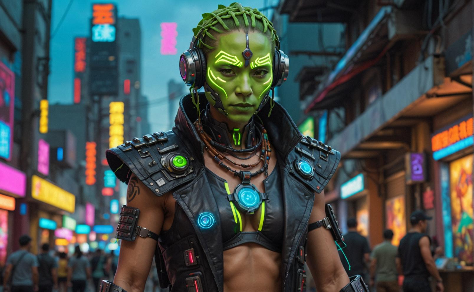 Aztec edamame wearing a costume, short exposure, digital painting, Cyberpunk Amanuensis