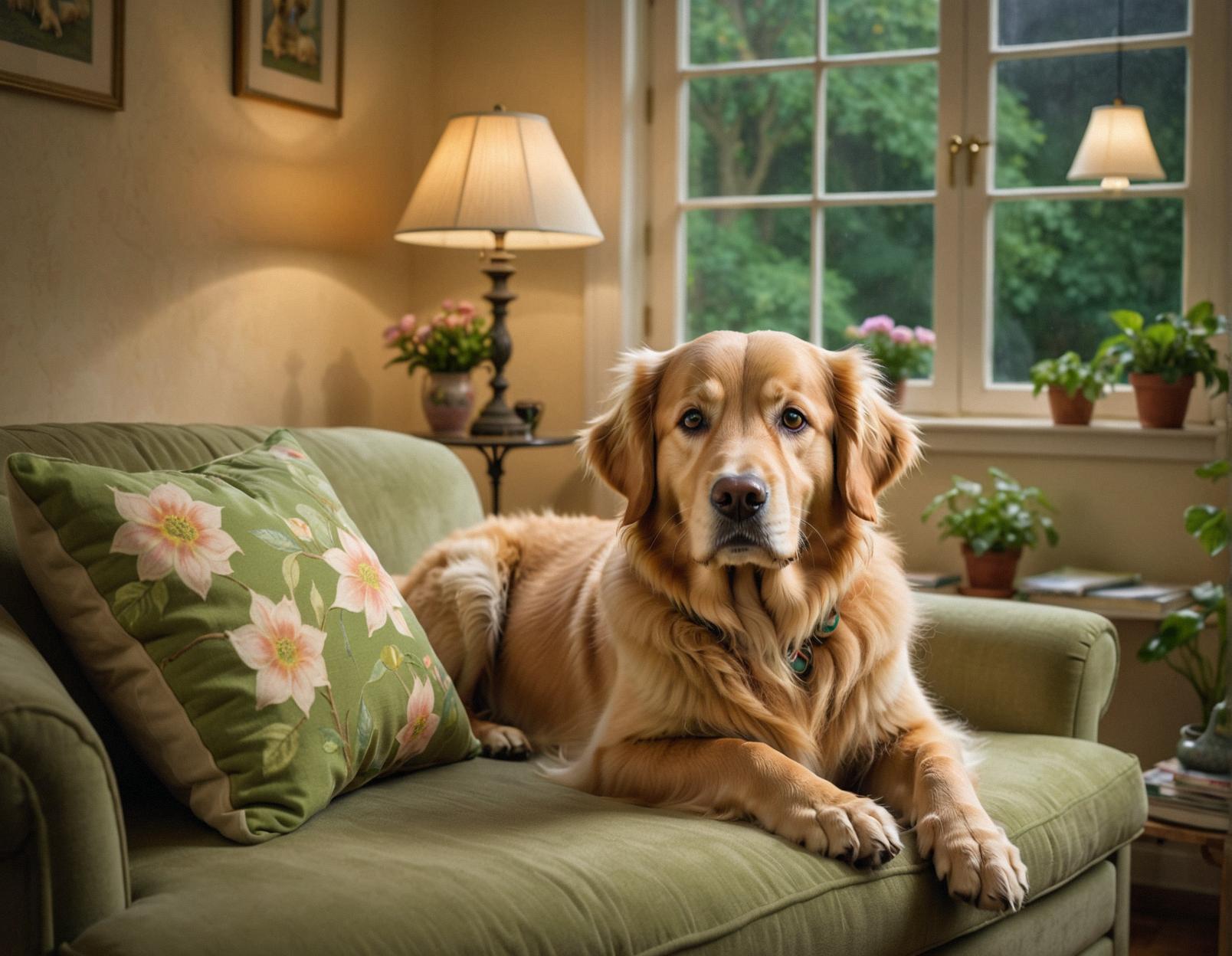 A surrealistic image of a fluffy golden retriever with piercing green eyes and a wagging tail reflects the soft glow of a nearby lamp, creating an ethereal and whimsical atmosphere The scene is set in a cozy living room, with plush cushions and a large window overlooking a lush garden The air is filled with the scent of fresh flowers and the sound of birds chirping in the background