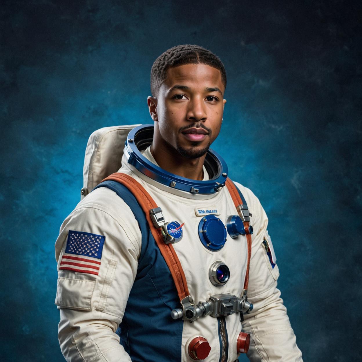 Photo of a s Michael B Jordan dressed as an astronaut in his space suit, with deep blue theme colors and high contrast background