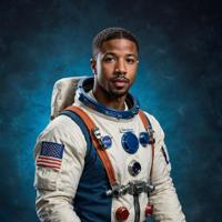 Photo of a s Michael B Jordan dressed as an astronaut in his space suit, with deep blue theme colors and high contrast background