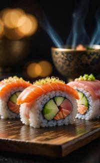 A stunning image of a celestial sushi with regal features and an ethereal glow, captured in a short exposure style, with a focus on the regal aspects