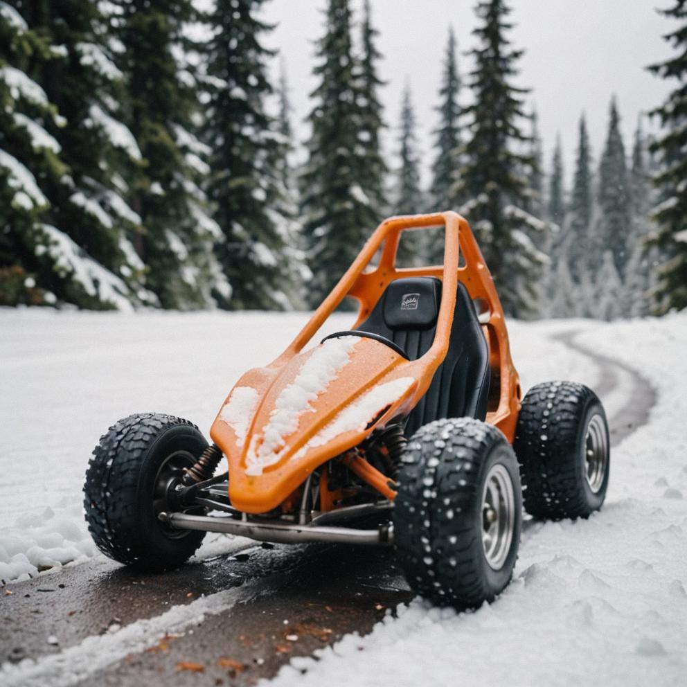 Photograph of a melting Speedroid Kart with snow on the ground in Mount Rainier It is intended for an art piece, and has a selective focus to make it look like an image from a game