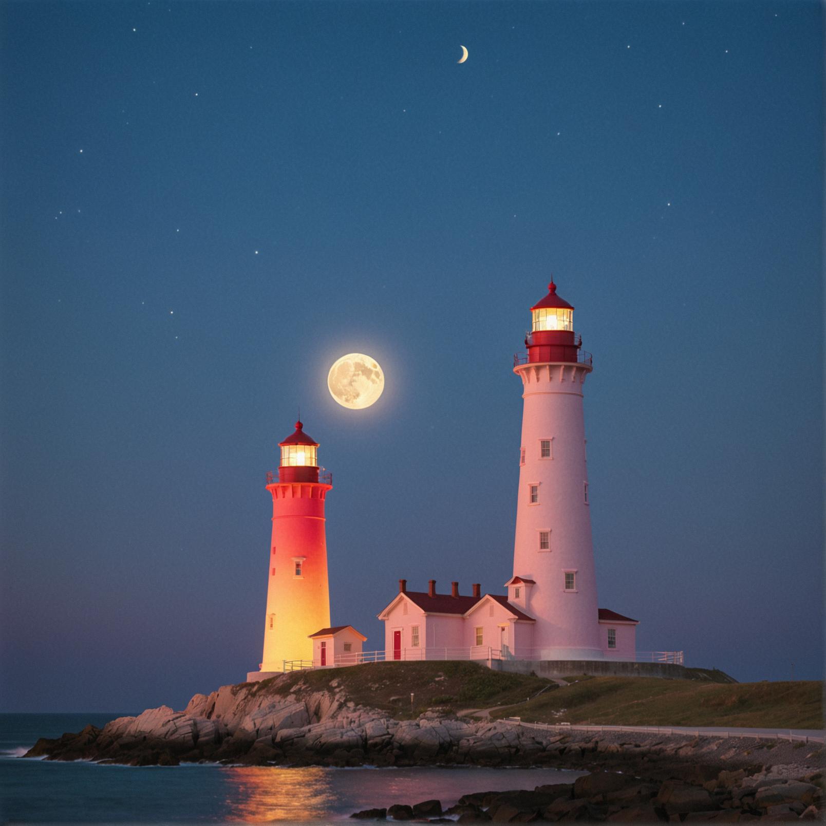 Photograph of a bright and colorful Pictorial Lighthouse illuminated by the soft glow of the moon, with an abstract neon hue that catches the eye in a surrealistic display reminiscent of an ultrarealistic style