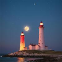 Photograph of a bright and colorful Pictorial Lighthouse illuminated by the soft glow of the moon, with an abstract neon hue that catches the eye in a surrealistic display reminiscent of an ultrarealistic style