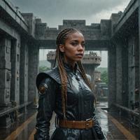 A young woman with box braids and a leather belt stands in a futuristic fortress, surrounded by rain The background is a cinematic mm photograph, capturing the intricate details of the scene