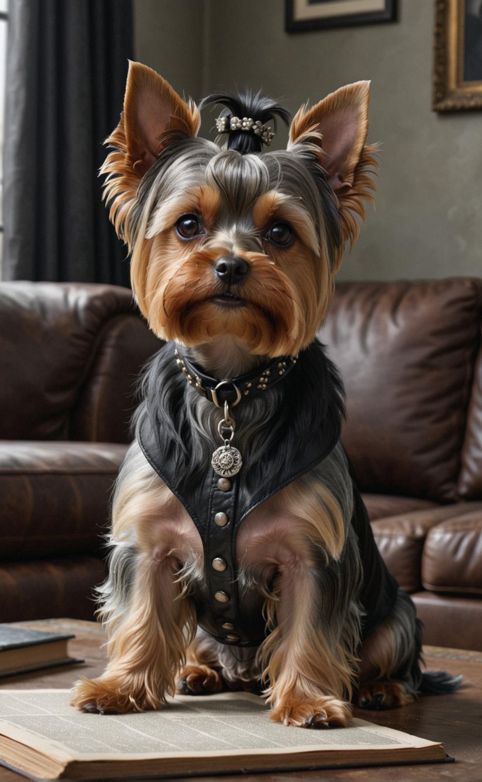 A photorealistic image of a Yorkie being nonchalantly focused on something else, with a detailed illustration inspired by theNu Goth aesthetic