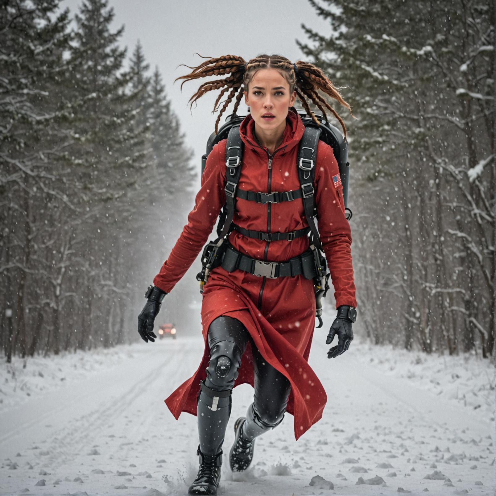 A striking image of a woman with braids and jetpack in the snow, dressed in a grubby red dress, illuminated by a jetpack on a rainy day