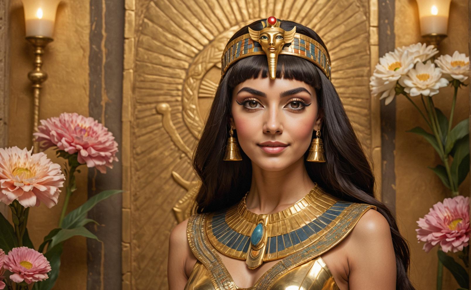 A surrealistic image featuring a Cleopatra like figure with wise eyes and a regal smile, dressed like an Egyptian pharaoh The background is bathed in a soft, golden light, reminiscent of that found in a magical mirror The flowers are arranged in a neat row