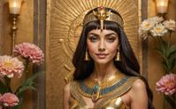 A surrealistic image featuring a Cleopatra like figure with wise eyes and a regal smile, dressed like an Egyptian pharaoh The background is bathed in a soft, golden light, reminiscent of that found in a magical mirror The flowers are arranged in a neat row