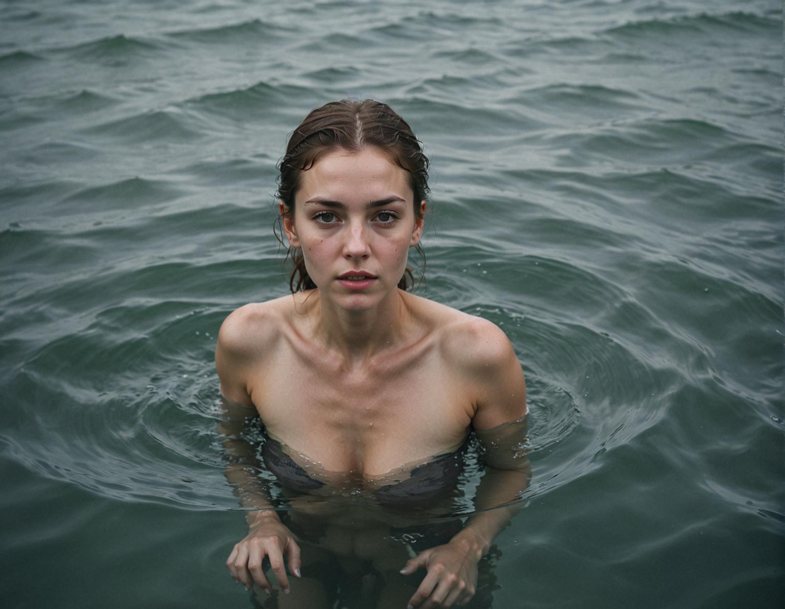 Portrait of a plain woman in the midst of a sea of water, with an intimate and realistic depiction that blends realism with soft focus lighting