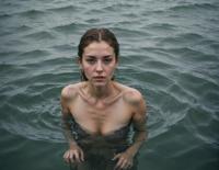 Portrait of a plain woman in the midst of a sea of water, with an intimate and realistic depiction that blends realism with soft focus lighting