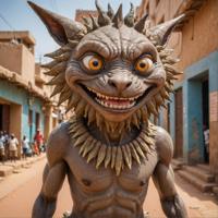 A beautiful and wondrous Inazuma creature with curious eyes and a smile, nestled in the heart of Ouagadougou, showcasing selective focus and a detailed photograph, inspired by both Studio Ghibli and Hollywood art