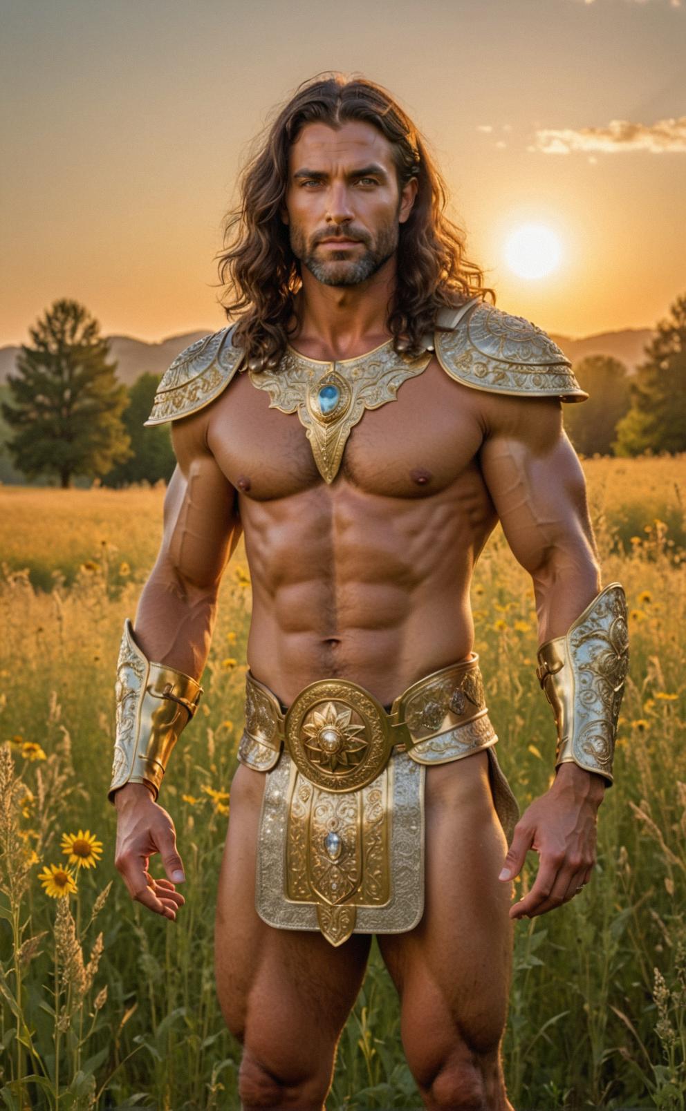 Photograph of a majestic male god with sparkling buckles and golden eyes, standing in a serene meadow under the warm glow of the setting sun