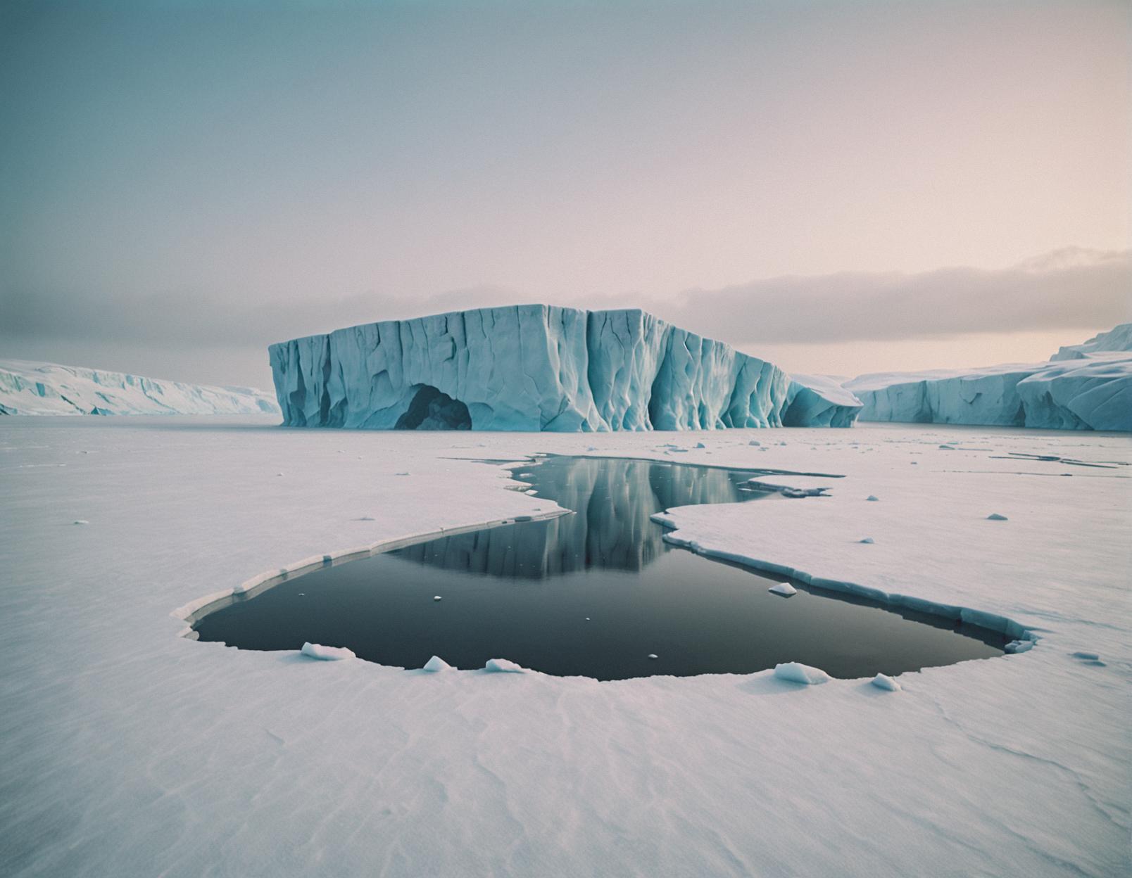Digital painting of a foggy ice shelf on an abandoned dreamlike landscape in the style of post punk photography by Oleg Oprisco and Ruan Jia, with a focus on sharp focus and cinematic aesthetics