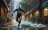 Digital painting of an overgrown alleyway with flashing lights and the sound of rushing water as it comes to life A young man dressed in a cybernetic suit is running through the intersection carrying his face into the foreground