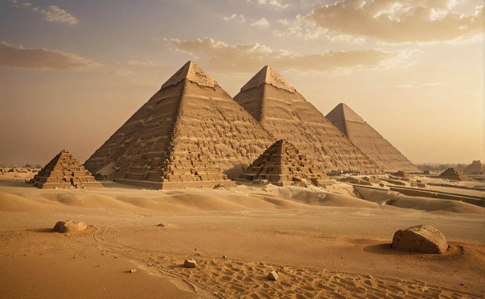 Photograph of the ancient Egyptian pyramids, with intricate carvings and hieroglyphics etched into its surface The scene is bathed in a soft, golden light, casting shadows on the ground below