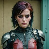 A photo of a female character with emmy style piercing eyes wearing s sci fi outfit and emo clothing while she is injured in the background The scene has a film grain texture to it, giving it an antique look The image also features a triadic color scheme, which adds some visual interest