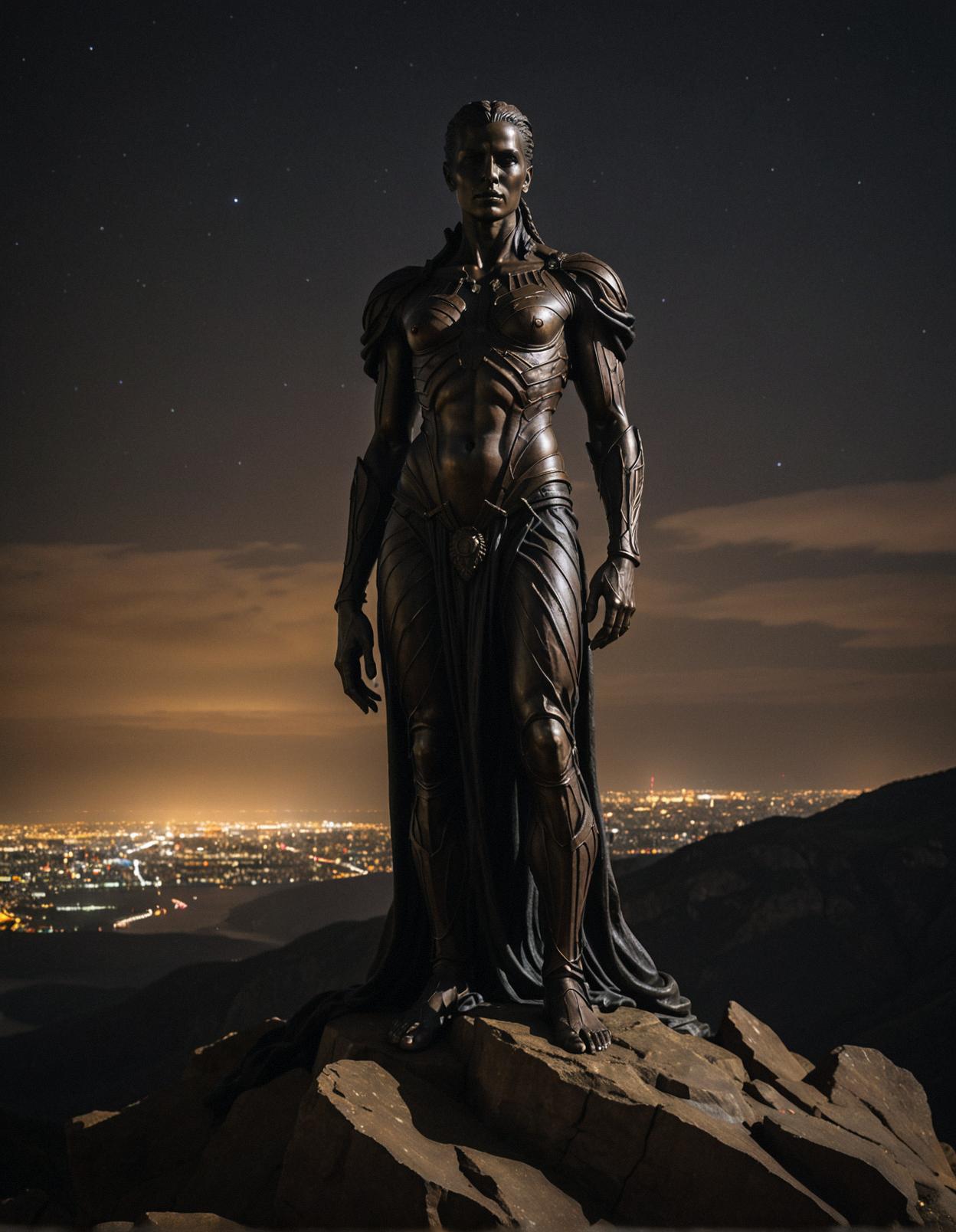 A long exposure portrait of the iconic The Precipice of Protection sculpture with a wide view, capturing the essence of wonder and darkpunk aesthetics in a masterfully crafted image