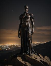 A long exposure portrait of the iconic The Precipice of Protection sculpture with a wide view, capturing the essence of wonder and darkpunk aesthetics in a masterfully crafted image