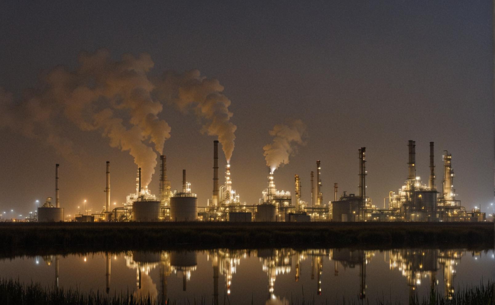 A photo of a Central AI chamber with oil refineries in the background, captured on a foggy night with no stars The image is a simple illustration of a reed like structure, and it captures the essence of the scene with its simplicity and elegance