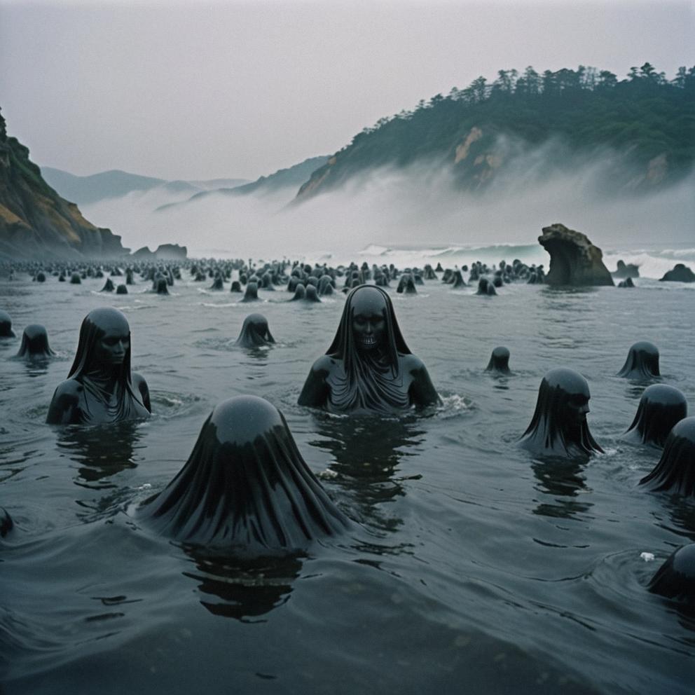 A breathtaking image of a photorealistic depiction of the iconic Starry Night from H R Giger s The Great Wave with a sense of wonder and awe amidst the foggy conditions, captured in detail by Kodak Portra mm lenses, as designed by Spencer Tunick