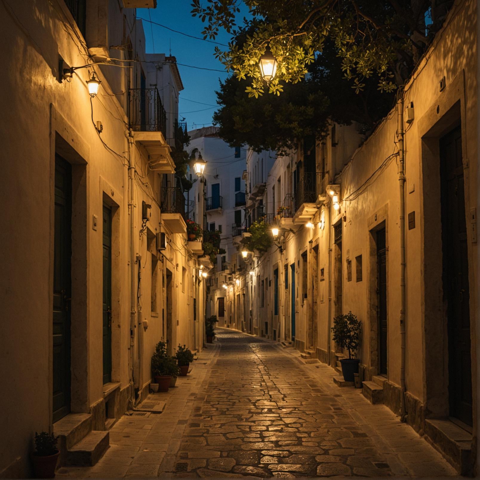Photograph of a hidden cityscape in the style of Greek Street photography, with a focus on the scene s contrast between dark and light, illuminated by warm lighting that accentuates the intricate details of the buildings and trees