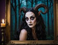 A photorealistic image of a Addams family reimagined as a female Faun with moustache and adder hair, framed by a bokeh blur, captured through a stark contrast between bright colors and dark shadows The result is both whimsical and surreal, capturing the essence of the Addams family in its most mischievous form
