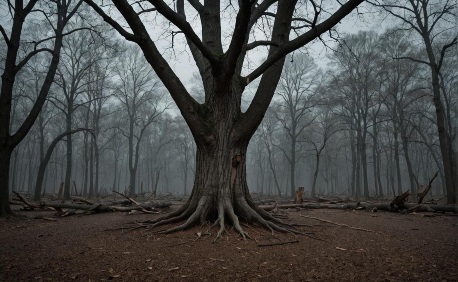 A photorealistic image showcasing a Hickory tree in a chaotic and dark environment with ananalogres style The photograph captures the essence of the scene with its absurdly detailed composition and the use of a pov from behind to give it a more surreal and abstract feel, making it suitable for digital art forms like CGUIPT