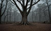 A photorealistic image showcasing a Hickory tree in a chaotic and dark environment with ananalogres style The photograph captures the essence of the scene with its absurdly detailed composition and the use of a pov from behind to give it a more surreal and abstract feel, making it suitable for digital art forms like CGUIPT