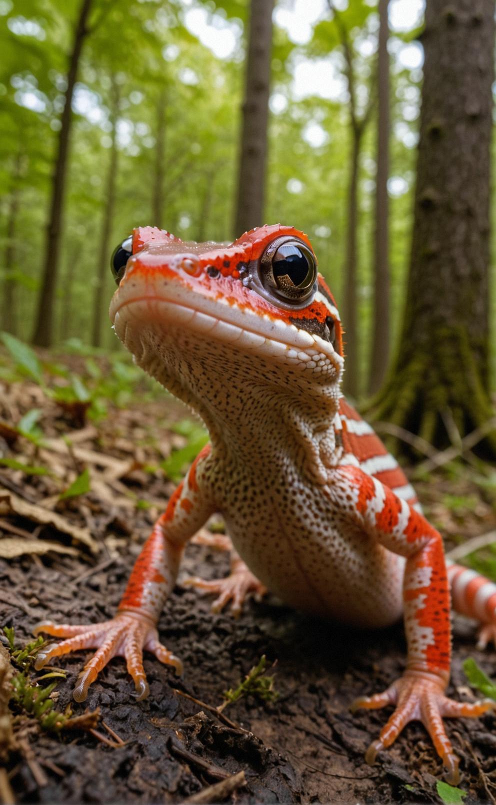 Photograph of a striped nonchalant newt looking up at the viewer, with a lot of detail in the sky and trees behind it, made out of bright red and white stripes
