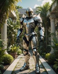A cybernetic Spartan dressed in an angel armor stands in front of a Miami garden, surrounded by simple illustrations and cinematics inspired by Fomapan and Unreal Engine