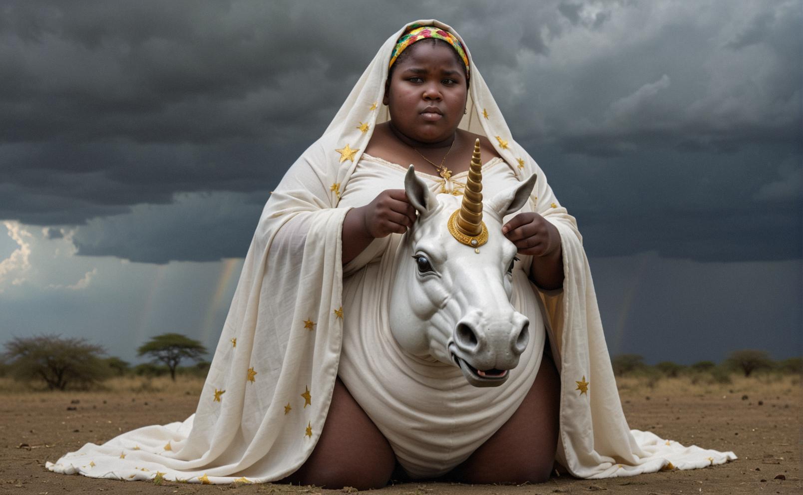 A morbidly obese Tanzanian girl with bright shroud and unicorn details, overcast toy aesthetics, sharp focus, z photograph