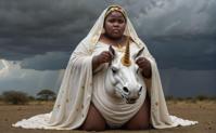 A morbidly obese Tanzanian girl with bright shroud and unicorn details, overcast toy aesthetics, sharp focus, z photograph