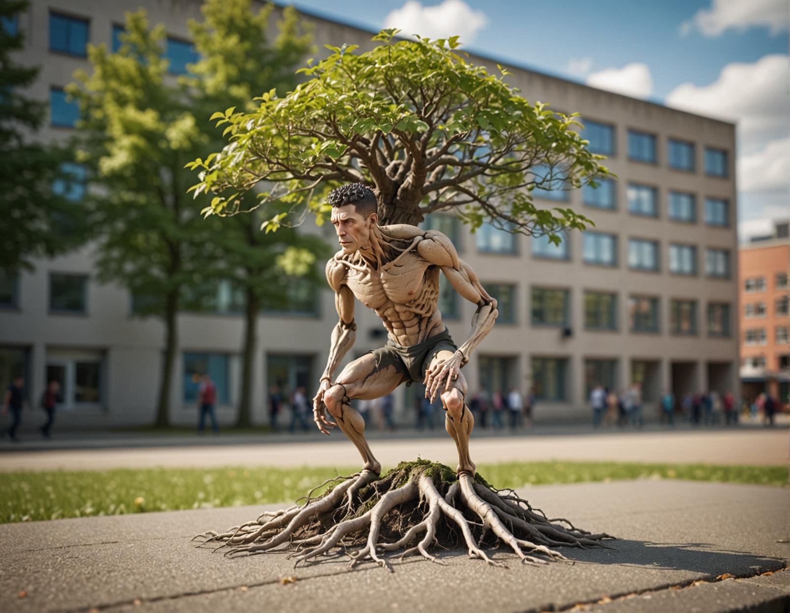 Photograph of a weird giant male student with roots and tilt shift, set against a broody background with a tilt shift effect