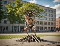 Photograph of a weird giant male student with roots and tilt shift, set against a broody background with a tilt shift effect