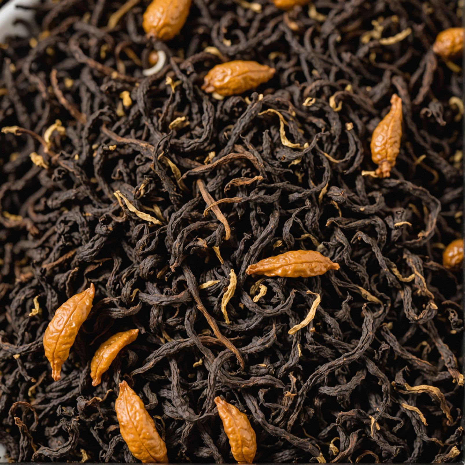 A detailed image of a majestic Pure Foul Black tea Pok mon, with a focus on the horror and spooky elements The camera is selective in its focus, highlighting the selectivity and intensity of the black tea flavor