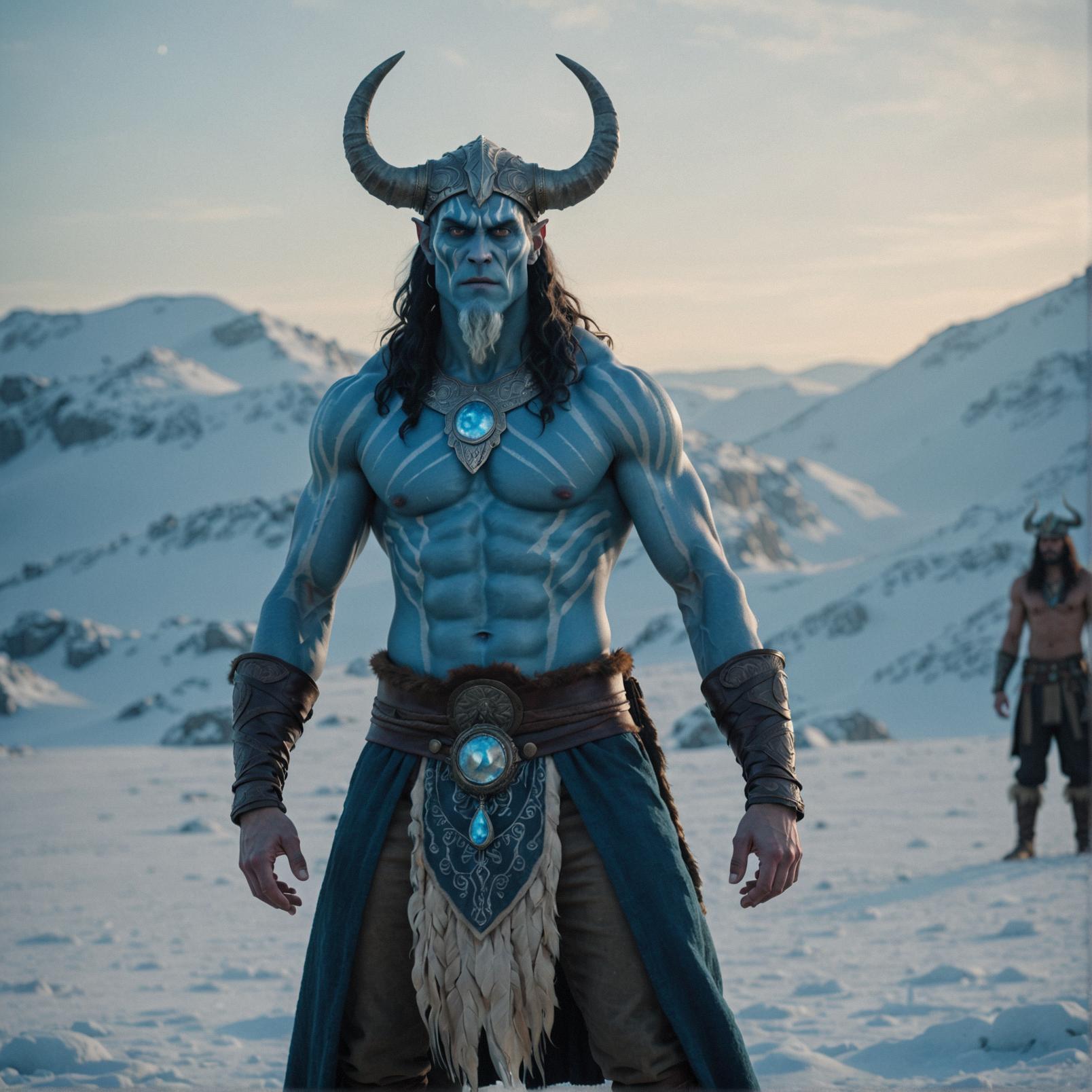 A tall and muscular male Frost Giant with a Tribal Chief s hat and a Cold shoulder top stands in a desolate landscape, dressed in a s inspired outfit, with bokeh lighting and an ethereal touch to the composition