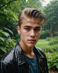 Photograph of Justin Bieber with a short and slicked back hair, landscaping in Gutai group under rain, light and shadow plays, Cinestill