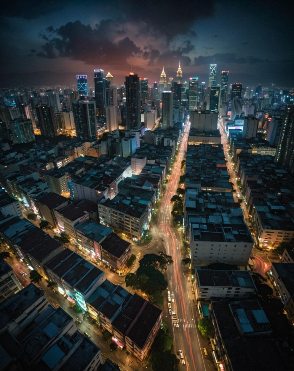 An image depicting a nightmarish scene in the midst of a bustling city, with a detailed photograph of a Manila under a redwood forest The background is made up of various buildings and landmarks, adding to the surreal atmosphere The lighting is hard, creating a sense of movement and energy in the background