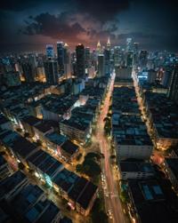 An image depicting a nightmarish scene in the midst of a bustling city, with a detailed photograph of a Manila under a redwood forest The background is made up of various buildings and landmarks, adding to the surreal atmosphere The lighting is hard, creating a sense of movement and energy in the background