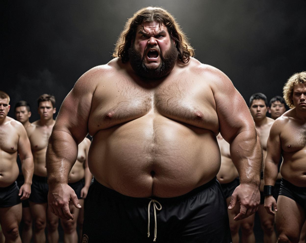 Photograph of a Appealing Angry overweight Caveman wearing Dark Sports team uniform and an illustration with selective focus, depicting an environment filled with anime characters, and with high contrast black background, inspired from the style of Tami Bone and Anton Mauve